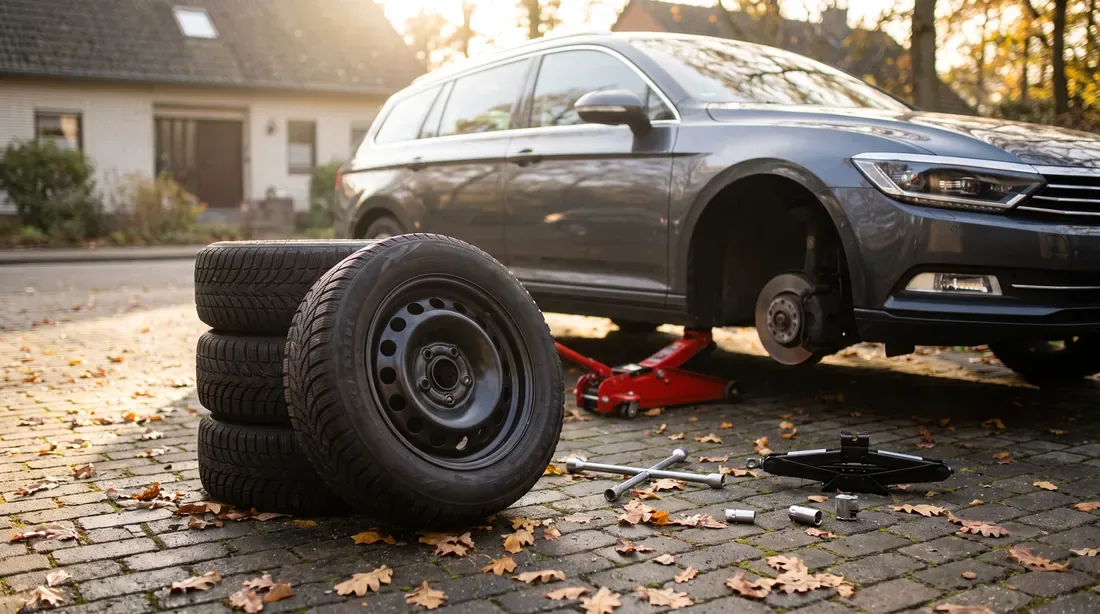 Vier Winterreifen gestapelt neben einem aufgebockten Auto in der Einfahrt