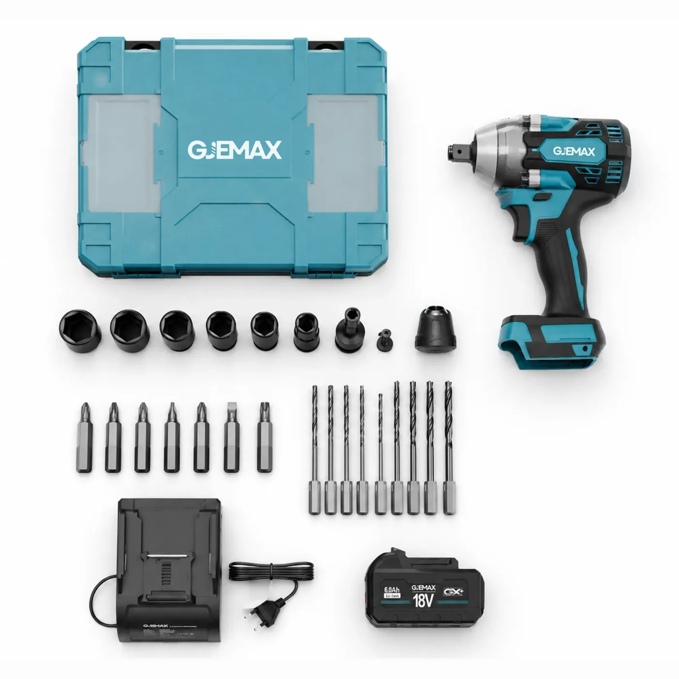 Lieferumfang des GJEMAX Sets: Schlagschrauber, 6,0-Ah-Akku, Schnellladegerät, Stecknüsse, Bits und Transportkoffer